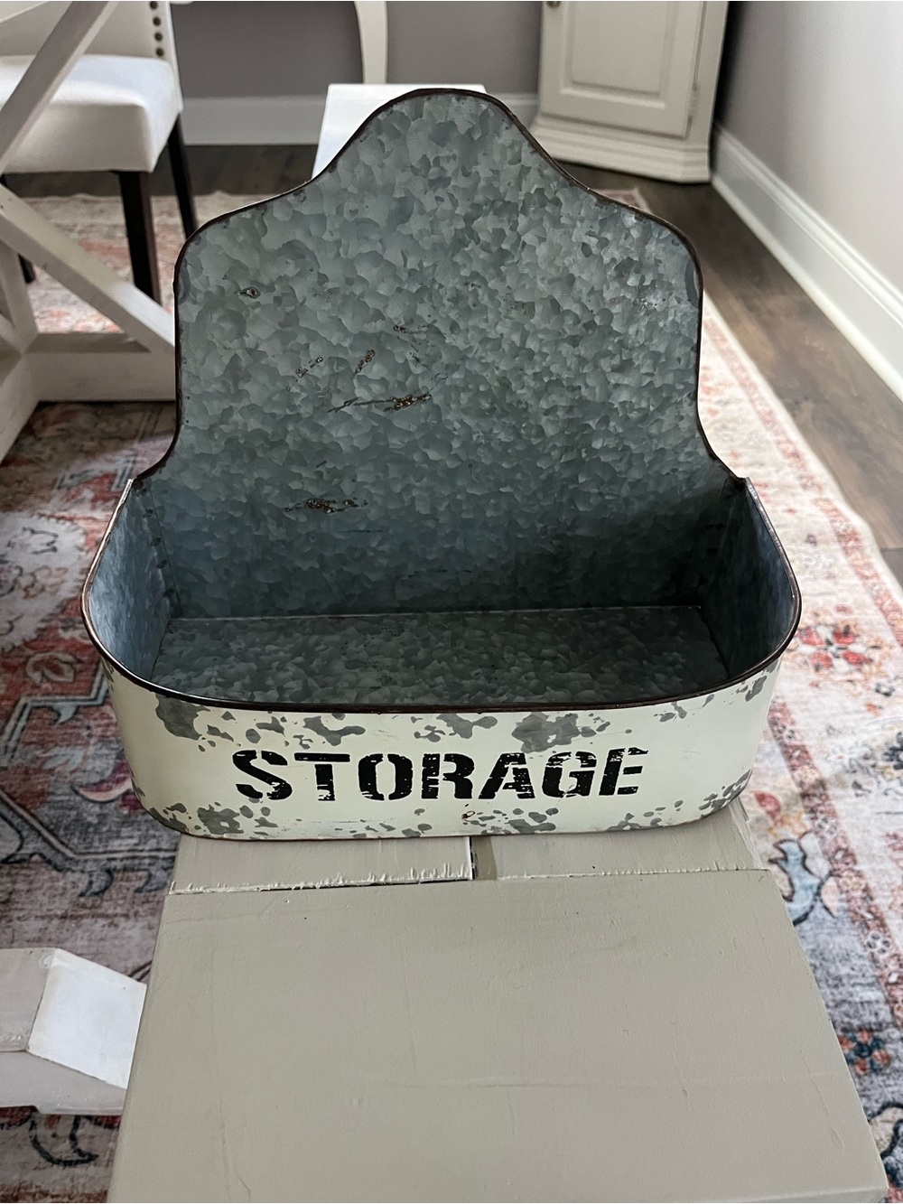 Vintage-Style Cream Metal Storage Bin with Galvanized Interior